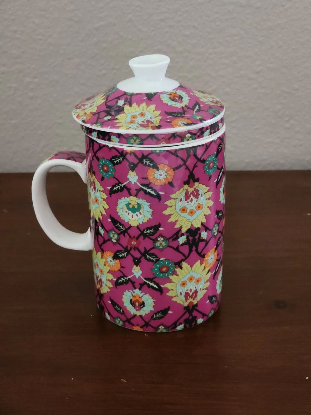 WORLD MARKET Pink Floral Ceramic Tea Mug with Infuser and Lid